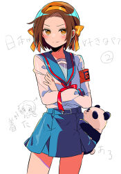 1boy androgynous armband axis_powers_hetalia blue_sailor_collar blue_skirt blush bow bow_hairband brown_eyes brown_hair buckle china_(hetalia) cosplay cowboy_shot crossdressing crossed_arms hairband kita_high_school_uniform long_sleeves looking_at_viewer miniskirt panda pleated_skirt red_ribbon ribbon safety_pin sailor_collar sanamaru_(sana79261827) school_uniform short_hair sketch skirt solo suzumiya_haruhi suzumiya_haruhi_(cosplay) suzumiya_haruhi_no_yuuutsu sweatdrop trap white_background yellow_bow yellow_hairband