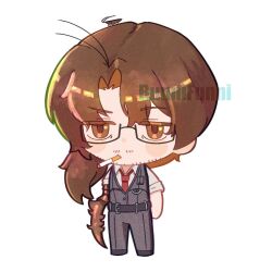 Rule 34 | 1boy, arthropod limbs, black pants, black vest, brown eyes, brown hair, bug, cockroach, collared shirt, facial hair, full body, funnibunni, glasses, gregor (project moon), highres, insect, limbus company, long hair, long sleeves, looking at viewer, low ponytail, male focus, necktie, pants, ponytail, project moon, red necktie, shirt, simple background, smoking, solo, standing, vest, white background, white shirt