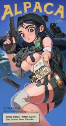 Rule 34 | 1girl, 1other, absurdres, ass, backpack, backwards hat, bag, baseball cap, blue eyes, breasts, bullet, cigarette, cigarette pack, english text, explosive, foreshortening, grenade, gun, handgun, hat, highres, holding, holding cigarette pack, holding gun, holding weapon, knee pads, large breasts, magazine (weapon), makarov pm, original, pill bottle, poster (medium), rifleman1130, shorts, single knee pad, thick eyebrows, underboob, weapon