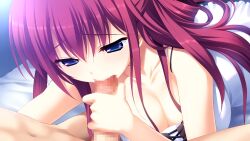 1boy 1girl arm_support between_legs breasts camisole censored cleavage clothed_female_nude_male collarbone completely_nude dutch_angle erection fellatio fumio_(ura_fmo) game_cg grisaia_(series) grisaia_no_kajitsu hair_between_eyes hair_rings half-closed_eyes handjob highres kazami_yuuji kneeling large_breasts leaning_forward long_hair long_sidelocks looking_at_another looking_at_viewer mosaic_censoring narrowed_eyes navel non-web_source nude on_bed oral penis pov raised_inner_eyebrows red_hair shirt sidelocks suou_amane thick_eyelashes thighs three_quarter_view tsurime upper_body very_long_hair white_camisole white_shirt