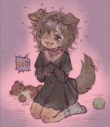animal_ears ball borrowed_character brown_hair collar dog_ears dog_girl dog_tail drooling fangs flea_(animal) gh0sttnacht highres mole mole_under_eye my_name_is_your_choice original shirt smile socks stuffed_animal stuffed_toy t-shirt tail teddy_bear tennis_ball tongue tongue_out