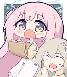 2girls blue_archive blush blush_stickers cake chibi dress food hair_ornament hair_scrunchie halo light_brown_hair long_hair mika_(blue_archive) multiple_girls nagisa_(blue_archive) no_nose pink_hair purple_scrunchie scrunchie swiss_roll umihio upper_body very_long_hair white_dress