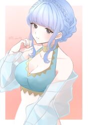 1girl bikini black_eyes blue_bikini blue_hair border braid breasts cleavage commentary crown_braid fire_emblem fire_emblem:_three_houses fire_emblem_heroes highres marianne_von_edmund marianne_von_edmund_(summer) medium_breasts nintendo official_alternate_costume pink_background sayaka_(fe_uma274) short_hair sidelocks simple_background solo swimsuit twitter_username white_border
