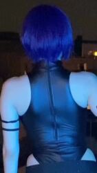 Rule 34 | 1girl, ahoge, animated, belt, black leotard, boots, breasts, cleavage, collarbone, cosplay, covered navel, curvy, english text, eyebrows hidden by hair, fingerless gloves, ghost in the shell, ghost in the shell: sac 2045, gloves, highleg, highleg leotard, highres, italian (nationality), kusanagi motoko, large breasts, leotard, leotard under clothes, looking at viewer, night, night sky, parted lips, photo (medium), purple hair, real life, shiny skin, short hair, sky, tagme, thigh boots, thighhighs, video, weapon, wide hips, yuriko tiger