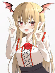 Rule 34 | 1girl, :d, absurdres, bat wings, black skirt, blonde hair, blush, center frills, collarbone, collared shirt, commentary request, crossed bangs, double v, eyelashes, fang, flower, frilled shirt, frilled shirt collar, frills, granblue fantasy, hair between eyes, hands up, happy, head wings, high-waist skirt, highres, long hair, long sleeves, looking at viewer, open mouth, pointy ears, red eyes, red flower, red rose, rose, shirt, simple background, skirt, smile, solo, straight hair, szl, upper body, v, vampire, vampy, very long hair, white background, white shirt, wings