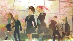 Rule 34 | 3boys, 3girls, absurdres, alien stage, bag, black bow, black bowtie, black eyes, black hair, black shoes, black skirt, blonde hair, blue jacket, blue pants, bow, bowtie, brown hair, bug, butterfly, cherry blossoms, chinese commentary, closed eyes, clothes around waist, collared shirt, commentary request, dark-skinned female, dark skin, dated, diagonal-striped bow, diagonal-striped bowtie, diagonal-striped clothes, diagonal-striped necktie, glasses, green eyes, grey hair, grey thighhighs, guitar case, hand in pocket, highres, holding, holding bag, holding hands, holding phone, hyuna (alien stage), insect, instrument case, ivan (alien stage), jacket, jacket around waist, lens flare, long hair, low ponytail, luka (alien stage), mizi (alien stage), multiple boys, multiple girls, necktie, official alternate costume, one eye closed, open mouth, pants, phone, pink hair, pointing, pointing up, ponytail, purple eyes, school uniform, shirt, shoes, short hair, skirt, socks, striped clothes, sua (alien stage), thighhighs, till (alien stage), tina15668, twintails, very long hair, very short hair, white shirt, white socks, window