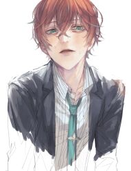 1boy aqua_necktie bags_under_eyes black_jacket blush collared_shirt crossed_bangs formal_clothes green_eyes hair_between_eyes highres hypnosis_mic jacket kannonzaka_doppo looking_at_viewer looking_down loose_necktie male_focus multicolored_hair necktie painterly pale_skin parted_lips pinstripe_pattern pinstripe_shirt red_hair salaryman shirt short_hair simple_background solo streaked_hair suit sweat tie_clip upper_body wata_i wavy_hair white_background white_shirt