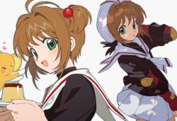 1girl beret black_jacket brown_hair cardcaptor_sakura food green_eyes hat heart highres jacket kero_(cardcaptor_sakura) kinomoto_sakura looking_at_viewer looking_back multiple_views pudding qin_(7833198) school_uniform short_hair skirt smile tomoeda_elementary_school_uniform tomoeda_middle_school_uniform white_background white_hat white_skirt