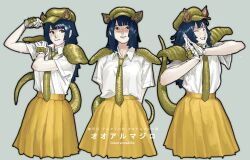 Rule 34 | 1girl, aqua background, armadillo ears, armadillo tail, armor, blue hair, character name, collared shirt, flexing, giant armadillo (kemono friends), gloves, hand on own shoulder, hat, highres, kemono friends, long hair, multiple views, necktie, newsboy cap, one eye closed, palms together, parted bangs, r birdy, shirt, short sleeves, shoulder armor, skirt, smile, white gloves, white shirt, yellow skirt
