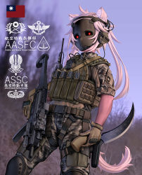 1girl ahoge animal_ear_fluff animal_ears assault_rifle belt blurry blurry_background brown_gloves bulletproof_vest camouflage camouflage_jacket camouflage_pants chinese_text commentary_request contrapposto dutch_angle fang_zhenjun gloves glowing glowing_eyes gun headphones holding holding_gun holding_knife holding_weapon jacket knee_pads knife long_hair looking_at_viewer mask microphone military military_combat_uniform military_uniform original pants photo_background pouch red_eyes republic_of_china_flag rifle short_sleeves soldier solo tactical_clothes tail taiwan thigh_pouch translation_request trigger_discipline two_side_up walkie-talkie weapon white_hair white_tail xt-107