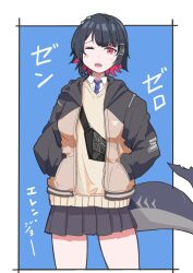 1girl black_hair black_skirt blue_necktie brown_cardigan cardigan collared_shirt colored_inner_hair cowboy_shot ellen_joe fins fish_tail hand_in_pocket highres jacket looking_at_viewer miniskirt mole mole_under_eye multicolored_hair necktie official_alternate_costume one_eye_closed open_mouth pleated_skirt red_eyes school_uniform shark_girl shark_tail shirt short_hair skirt tail user_pjmm3847 white_shirt zenless_zone_zero
