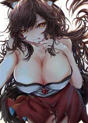 1girl :p animal_ear_fluff animal_ears breasts brown_hair cleavage closed_mouth commentary_request cowboy_shot grey_shirt houdukixx imaizumi_kagerou large_breasts leaning_forward long_hair looking_at_viewer messy_hair red_brooch red_eyes red_skirt shirt simple_background skirt smile solo tail tongue tongue_out torn_clothes torn_skirt touhou wavy_mouth white_background wolf_ears wolf_girl wolf_tail