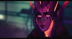 1girl alien alternate_skin_color bandaid bandaid_on_face bandaid_on_nose bioluminescence black_hair blade_runner_2049 blurry blurry_background cephalopod_eyes chymlaxi close-up colored_sclera colored_skin commentary cyberpunk depth_of_field empty_eyes english_commentary facial_mark fur_collar glowing goslingposting_(meme) highres horns lips long_hair long_pointy_ears movie_reference natyss_(nyuunzi) nose nyuunzi orange_eyes pink_sclera pointy_ears portrait purple_skin scene_reference solo xenosexual