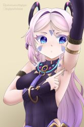 1girl 1other arm_up armlet armpits bare_shoulders blue_eyes bracelet breasts citlali_(genshin_impact) commentary english_commentary facial_mark forehead_mark genshin_impact hair_intakes jewelry long_hair medium_breasts mini_person pink_hair ring_hair_ornament shoulder_tattoo sideboob sleeveless tattoo tinyhyro upper_body very_long_hair yellow_background