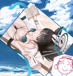 1boy 1girl absurdres animal_ears bakeneko bikini black_choker black_eyes black_nails black_tail blue_archive blue_bikini blue_halo blue_haori blue_tail blush breasts cape cat_ears cat_girl cat_tail choker criss-cross_straps doodle_sensei_(blue_archive) fingernails from_above halo haori headpat highres japanese_clothes kikyou_(blue_archive) kikyou_(swimsuit)_(blue_archive) layered_bikini looking_at_viewer multi-strapped_bikini_bottom multiple_tails nail_polish navel official_alternate_costume sensei_(blue_archive) side-tie_bikini_bottom small_breasts swimsuit tagua tail two_tails white_cape