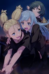 black_jacket black_necktie blue_eyes blue_hair collared_shirt echo_(circa) jacket jujutsu_kaisen long_hair long_sleeves miwa_kasumi necktie nishimiya_momo open_mouth shirt short_hair smile white_shirt zen&#039;in_mai