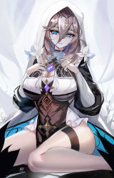 1girl aponia black_dress blue_eyes breasts brown_hair cleavage_cutout clothing_cutout commentary_request dress grin hair_between_eyes highres honkai_(series) honkai_impact_3rd kuroha_(rockluo213) large_breasts long_hair long_sleeves looking_at_viewer nun smile solo teeth thighhighs veil white_thighhighs