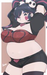 Rule 34 | 1girl, @ @, absurdres, arms up, artist name, black choker, black shorts, border, breasts, brown background, choker, commentary request, cowboy shot, fat, grey eyes, hair ornament, hair over one eye, heart, highres, indie virtual youtuber, large breasts, long hair, navel, outside border, parted lips, pink hair, ryuusui arumo, shizuoka ruko, short shorts, short sleeves, shorts, sidelocks, simple background, skull hair ornament, solo, thick thighs, thighhighs, thighs, twintails, virtual youtuber, white border