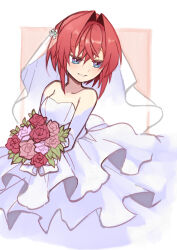 1girl alternate_costume ange_katrina armpit_crease bare_shoulders blue_eyes bouquet breasts bridal_veil bride commentary_request cropped_legs dress elbow_gloves eyelashes flower frilled_dress frills gloves hair_intakes highres holding holding_bouquet layered_dress looking_down medium_breasts medium_hair nijisanji parted_lips pink_background pink_flower pink_rose red_flower red_hair red_rose rose smile solo strapless strapless_dress umigaya_aimi veil virtual_youtuber wedding_dress white_background white_dress white_gloves white_veil