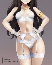 1girl artist_name bare_shoulders black_hair bra breasts earrings eyes_out_of_frame fate/grand_order fate_(series) fishnet_thighhighs fishnets garter_belt garter_straps gloves gluteal_fold gold hair_ribbon hands_on_own_hips head_out_of_frame highres hoop_earrings ishtar_(fate) jewelry lingerie long_hair medium_breasts navel necklace paid_reward_available panties revision ribbon single_thighhigh smile solo thighhighs tiara twitter_username two_side_up underwear underwear_only white_bra white_gloves white_panties xkzan