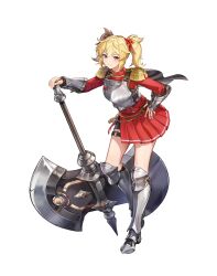 Rule 34 | 1girl, armor, armored boots, artist request, axe, battle axe, belt, belt buckle, black cape, black shorts, blonde hair, boots, breastplate, brown belt, buckle, cape, chain, epaulettes, game cg, goddess order, gold chain, hair between eyes, hair ribbon, hand on own hip, high collar, highres, jacket, jewelry, leaning forward, long sleeves, looking at viewer, multiple belts, non-web source, official art, purple eyes, red jacket, red ribbon, red skirt, ribbon, short hair, short twintails, shorts, shorts under skirt, side cape, side slit, sidelocks, simple background, skirt, smile, solo, standing, standing on one leg, tachi-e, thigh strap, transparent background, twintails, vambraces, vicky angelus, weapon