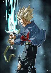 1boy aura blonde_hair blood blood_on_face dragon_ball dragon_ball_super energy green_eyes kakeru_(dbskakeru) scratches serious solo spiked_hair super_saiyan_rage sword sword_of_hope torn_clothes trunks_(dragon_ball) trunks_(future)_(dragon_ball) weapon
