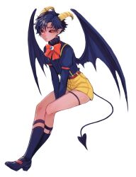 1boy belt between_legs black_sclera blue_hair blue_shirt blue_shoes blue_socks bow bowtie closed_mouth collar collared_shirt colored_sclera commentary_request crossed_legs demon_boy demon_horns demon_tail demon_wings earrings eyeball frilled_collar frills full_body hair_between_eyes hand_between_legs highres horns invisible_chair jewelry juliet_sleeves long_sleeves looking_at_viewer male_focus moxamog original own_hands_together pointy_ears puffy_sleeves red_belt red_bow red_bowtie red_eyes shirt shoes short_hair shorts simple_background sitting slit_pupils socks solo tail thigh_strap white_background wings yellow_shorts