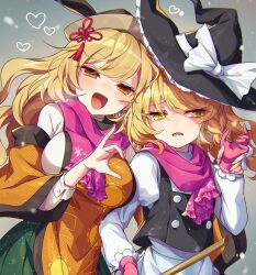 Rule 34 | 2girls, :d, apron, black hat, black vest, blonde hair, bow, breasts, commentary request, constellation print, cowboy shot, gloves, green skirt, grey background, hat, hat bow, hat ribbon, heart, heart hands failure, highres, holding another&#039;s wrist, kirisame marisa, kozakura (dictionary), large breasts, long hair, long sleeves, looking at viewer, matara okina, multiple girls, open mouth, orange eyes, orange hair, orange sleeves, orange tabard, pink gloves, pink scarf, ribbon, scarf, shirt, skirt, smile, snow, snowflake print, tabard, touhou, very long hair, vest, white apron, white bow, white ribbon, white shirt, witch hat, yellow eyes