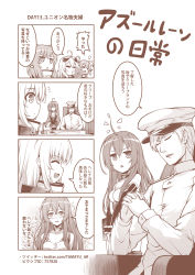&gt;_&lt; 1boy 4koma 5girls :&lt; :d =_= ^_^ absurdres ahoge animal_ears arms_up azur_lane bare_shoulders blowing_bubbles blush breasts chair cleavage cleveland_(azur_lane) closed_eyes columbia_(azur_lane) comic commander_(azur_lane) commentary_request denver_(azur_lane) desk desk_lamp detached_sleeves dress eyewear_on_head hair_between_eyes hat helena_(azur_lane) highres inkwell jacket lamp long_hair long_sleeves medium_breasts military_hat military_jacket monochrome montpelier_(azur_lane) multiple_girls nose_blush office_chair on_chair open_mouth outstretched_arms own_hands_clasped own_hands_together parted_lips peaked_cap profile sitting sleeveless sleeveless_dress smile speech_bubble sunglasses swivel_chair tama_yu translation_request triangle_mouth v_arms very_long_hair xd