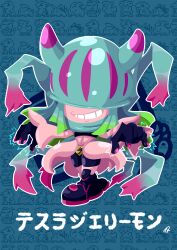 Rule 34 | absurdres, belt, boots, colored skin, digimon, digimon (creature), gloves, highres, jellyfish girl, lightning bolt symbol, monster girl, pink skin, scarf, smile, teeth, tentacles, teslajellymon, walking, yafusart