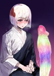 1other ai-generated_art_(topic) black_robe blush gaming_penis_ikebana_(meme) gradient_background heavy_breathing highres japanese_clothes jujutsu_kaisen kimono looking_at_penis meme motion_lines multicolored_hair penis_awe purple_eyes red_hair robe rubbing_hands_together seiza sitting solo sweatdrop uraume_(jujutsu_kaisen) user_kkge5443 white_hair white_kimono