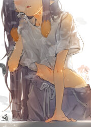 1girl absurdres blush chocosong eyes_out_of_frame fang gradient_hair groin hakos_baelz head_out_of_frame highres hololive hololive_english long_hair multicolored_hair multiple_girls navel ninomae_ina&#039;nis open_mouth orange_hair pants pointy_ears purple_hair shirt sidelocks signature sweat sweatpants t-shirt very_long_hair virtual_youtuber water white_shirt