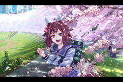 1girl animal_ears apartment bag blue_eyes bow bowtie brown_hair building cherry_blossoms day horse_ears horse_girl horse_tail long_sleeves open_mouth outdoors outstretched_arm plant purple_shirt purple_skirt reaching reaching_towards_viewer sailor_collar sakura_chiyono_o_(umamusume) school_bag school_uniform shirt short_hair skirt smile solo tail takuzui tracen_school_uniform tree twitter_username umamusume