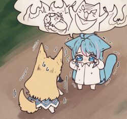 2girls ahoge angon623 animal_ears azura_cecillia blonde_hair blue_hair imagining layla_alstroemeria multicolored_hair multiple_girls nijisanji nijisanji_id speech_bubble sweatdrop tail tearing_up trembling virtual_youtuber