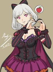 1girl apple bow cape capelet commentary_request detached_collar earrings eiwa elbow_gloves food frills fruit glint gloves hair_bow hair_ornament hair_ribbon hands_up heart heart_hands highres jewelry juliet_sleeves layered_skirt long_sleeves looking_at_viewer official_art puffy_short_sleeves puffy_sleeves purple_eyes queen&#039;s_blade queen&#039;s_blade_grimoire ribbon short_sleeves skirt smile snow_white_(queen&#039;s_blade) solo white_hair