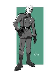Rule 34 | 1boy, absurdres, alternate costume, aqua background, belt, boots, border, buttons, character name, commentary request, double-breasted, facial hair, gloves, greyscale with colored background, hand on own hip, highres, hokori dani, holster, looking to the side, male focus, military uniform, mustache, old, old man, rao (sand land), sand land, short hair, sketch, solo, very short hair, white border