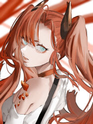 1girl 8_dlz arknights asymmetrical_bangs black_horns blue_eyes blunt_bangs blurry blurry_background breasts choker closed_mouth commentary_request crystal demon_girl demon_horns depth_of_field eyelashes eyeliner head_tilt highres horns lips long_bangs long_hair looking_at_viewer looking_back looking_up makeup medium_breasts red_choker red_eyeliner red_hair shirt single_bare_shoulder solo toddifons_(arknights) twintails very_long_hair white_shirt