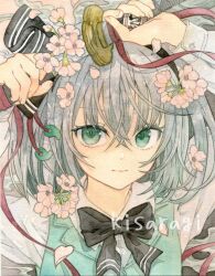 1girl absurdres artist_name black_bow black_bowtie black_hairband bow bowtie cherry_blossoms closed_mouth collared_shirt commentary falling_flower falling_petals flower green_eyes green_vest grey_hair hairband highres holding holding_sword holding_weapon kisarush konpaku_youmu long_hair long_sleeves magatama painting_(medium) petals pink_flower pink_petals sheath shirt solo sword touhou traditional_media unsheathing vest watercolor_(medium) weapon white_shirt