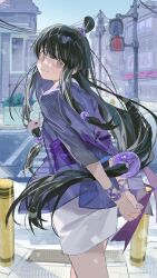 1girl absurdres ace_attorney arms_behind_back back black_hair blunt_bangs closed_mouth cowboy_shot green_eyes highres japanese_clothes jewelry kimono long_hair looking_at_viewer magatama magatama_necklace maya_fey necklace omurice_(304975636) outdoors purple_sash sash short_kimono smile solo standing topknot white_kimono