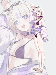 1girl :d absurdres alternate_breast_size arm_up bikini blonde_hair blunt_bangs breasts cleavage commentary commentary_request english_commentary eyewear_on_head fueppu full_body grey_background highleg highleg_bikini highres hololive hololive_dev_is jacket jacket_partially_removed long_hair looking_at_viewer medium_breasts mixed-language_commentary multicolored_hair open_mouth paint_splatter partially_unzipped purple_bikini purple_eyes purple_hair sandals short_hair simple_background smile streaked_hair sunglasses swimsuit teeth todoroki_hajime toes upper_teeth_only very_long_hair virtual_youtuber white_jacket zoom_layer
