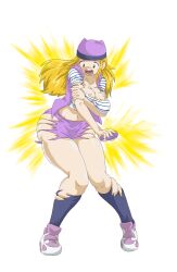 1girl absurdres ass_expansion aura blonde_hair breast_expansion breasts commission digimon digimon_frontier digivice flashing glowing hat highres long_hair mainkore mankor navel orimoto_izumi skirt solo third-party_edit wide_hips