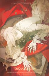1girl animal_print blood blood_on_clothes butterfly_print cloak dress from_above highres jewelry needle original oxi206 red_cloak white_dress white_hair