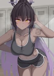 1girl ahoge arm_tattoo black_hair black_shorts black_sports_bra blue_archive breasts cleavage commission dark-skinned_female dark_skin gradient_hair halo hand_in_own_hair hand_on_own_hip highres karin_(blue_archive) large_breasts locker locker_room long_hair looking_at_viewer multicolored_hair nanao_(naoekaki25) number_tattoo ponytail purple_halo shorts skeb_commission solo sports_bra sweat tattoo yellow_eyes