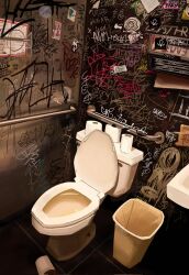 commentary english_commentary graffiti highres indoors nate_d_hernandez no_humans original public_restroom sink toilet toilet_paper trash_can
