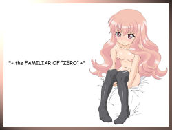 1girl black_thighhighs blush female_focus full_body long_hair louise_francoise_le_blanc_de_la_valliere nipples nude pink_eyes pink_hair sitting smile solo thighhighs usami_usa_g white_background zero_no_tsukaima