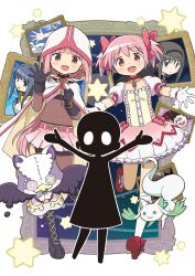 5girls a-q_(madoka_magica) akemi_homura armor belt belt_buckle black_boots black_capelet black_gloves black_hairband black_shirt black_shorts blue_bow blue_bowtie blue_eyes blue_hair boots bow bow_choker bowtie braid breastplate bubble_skirt buckle buttons capelet center_frills charlotte_(madoka_magica) chest_jewel choker clenched_hand cloak collared_capelet covered_navel dot_nose dress dress_bow expressionless footwear_bow frilled_dress frilled_skirt frilled_sleeves frilled_socks frills full_body gecchu gem gloves gold_buckle grey_hair hair_bow hairband hand_up high_collar high_heels highres hood hood_up hooded_cloak kaname_madoka kneehighs lace-up_boots light_blush long_hair looking_at_viewer low_ponytail magia_record:_mahou_shoujo_madoka_magica_gaiden mahou_shoujo_madoka_magica mahou_shoujo_madoka_magica_(anime) mahou_shoujo_madoka_magica_magia_exedra memspark_(madoka_magica) miniskirt multiple_girls namae_(magia_exedra) nanami_yachiyo nighthawk_(madoka_magica) official_style open_mouth outstretched_arms pale_skin parted_lips patricia_(madoka_magica) pauldrons petticoat picture_frame pink_belt pink_bow pink_dress pink_eyes pink_gemstone pink_hair pink_skirt pleated_skirt ponytail puffy_short_sleeves puffy_sleeves pumps purple_eyes red_bow red_choker red_shoes shirt shoes short_dress short_hair short_sleeves short_twintails shorts shorts_under_skirt shoulder_armor side_braids sidelocks simple_background skirt smile socks solid_oval_eyes space studded_belt tamaki_iroha tareme thigh_boots turtleneck turtleneck_shirt twin_braids twintails very_long_hair white_background white_cloak white_eyes white_gloves white_skirt white_sleeves white_socks witch_(madoka_magica)