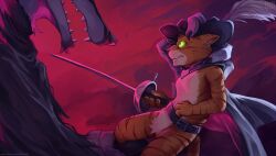 2boys belt black_cape black_footwear black_hat boots cape cat cat_boy cavalier_hat claws commentary death_(puss_in_boots) english_commentary furry furry_male green_eyes hat hat_feather head_grab headgear headwear_request holding holding_sword holding_weapon looking_at_another male_focus multiple_boys nurinaki open_mouth orange_cat orange_fur poncho puss_in_boots:_the_last_wish puss_in_boots_(shrek) red_background shrek_(series) size_difference sword tabby_cat weapon wolf wolf_boy yaoi