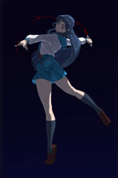 1girl absurdres asakura_ryoko black_background black_socks blood bloody_knife blue_background blue_eyes blue_hair blue_neckerchief blue_skirt brown_shoes closed_mouth commentary dancing dark_background from_behind full_body gradient_background hands_up highres holding holding_knife kazukida kita_high_school_uniform kneehighs knife legs light_smile loafers long_hair long_sleeves looking_to_the_side miniskirt neckerchief outstretched_arms parted_bangs pirouette puffy_long_sleeves puffy_sleeves school_uniform serafuku shirt shirt_tucked_in shoes simple_background skirt socks solo standing standing_on_one_leg suzumiya_haruhi_no_shoushitsu suzumiya_haruhi_no_yuuutsu thighs tiptoes very_long_hair weapon white_shirt