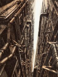 Rule 34 | alley, building, concrete, highres, ibsukionsen, industrial, industrial pipe, no humans, original, painting (medium), scenery, shadow, sky, sunlight, traditional media, ventilation shaft, industrial pipe, white sky