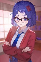 1girl ahoge bad_source blue_eyes blue_hair blue_necktie blue_skirt blush book bookshelf breasts crossed_arms day facing_viewer frills glasses hair_ornament hairclip highres indoors looking_at_viewer mila_(miside) miside mita_(miside) necktie official_art open_mouth pleated_skirt red_shirt round_eyewear shirt skirt solo standing upper_body white_shirt window